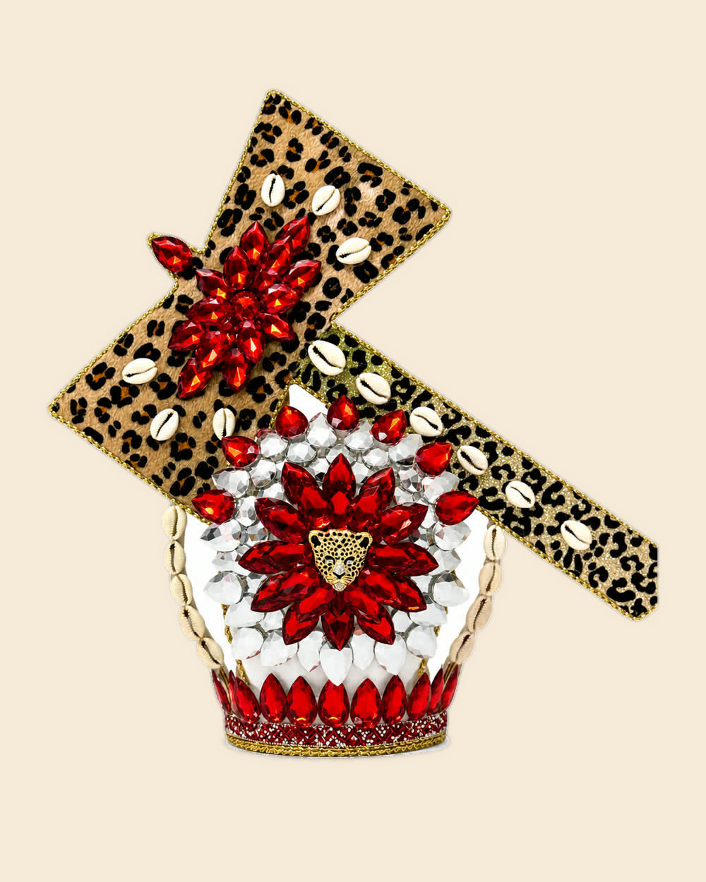 Corona de Changó con hacha de estampado de leopardo, caracoles y cristales rojos