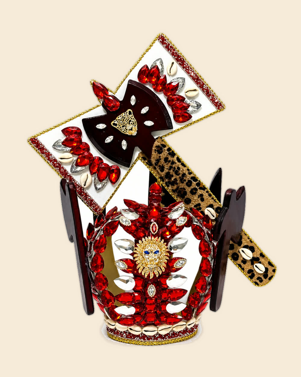 Corona de Changó roja y plata con hacha de leopardo y sol dorado