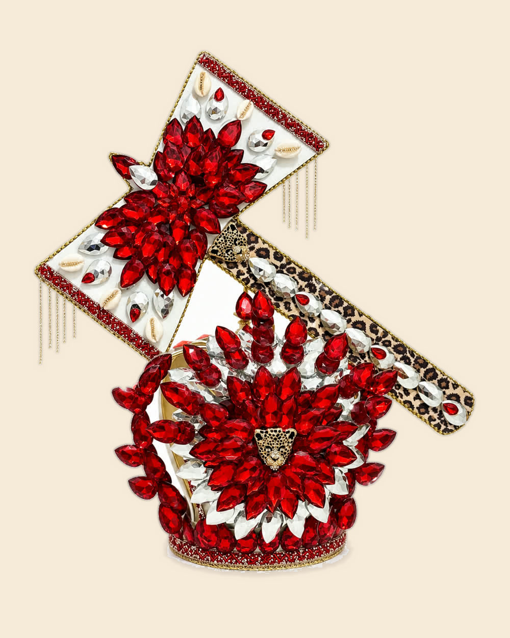 Corona de Changó roja y plata con hacha de leopardo y flecos dorados