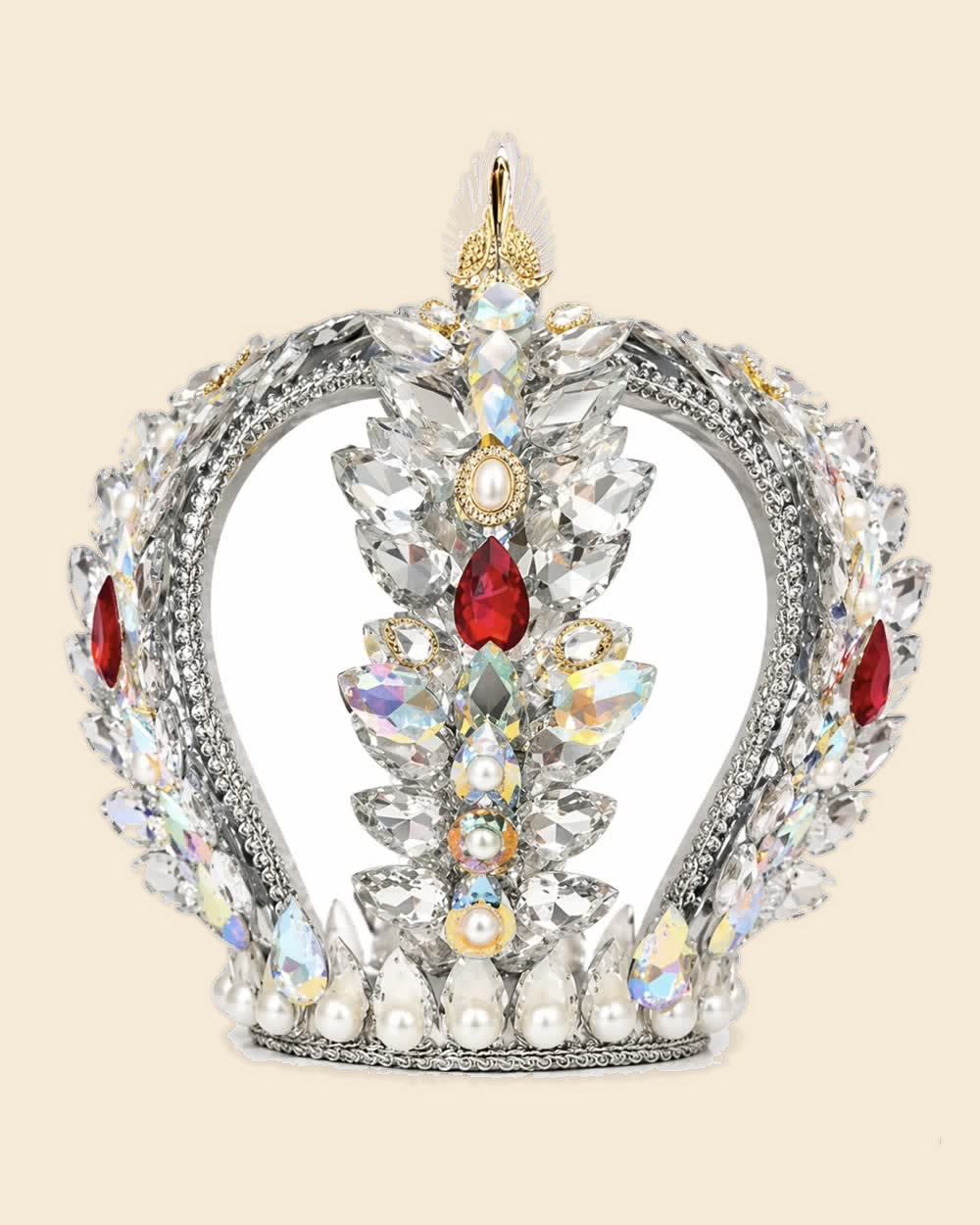 Corona de Obatalá en cristal aurora boreal con piedras rojas y perlas