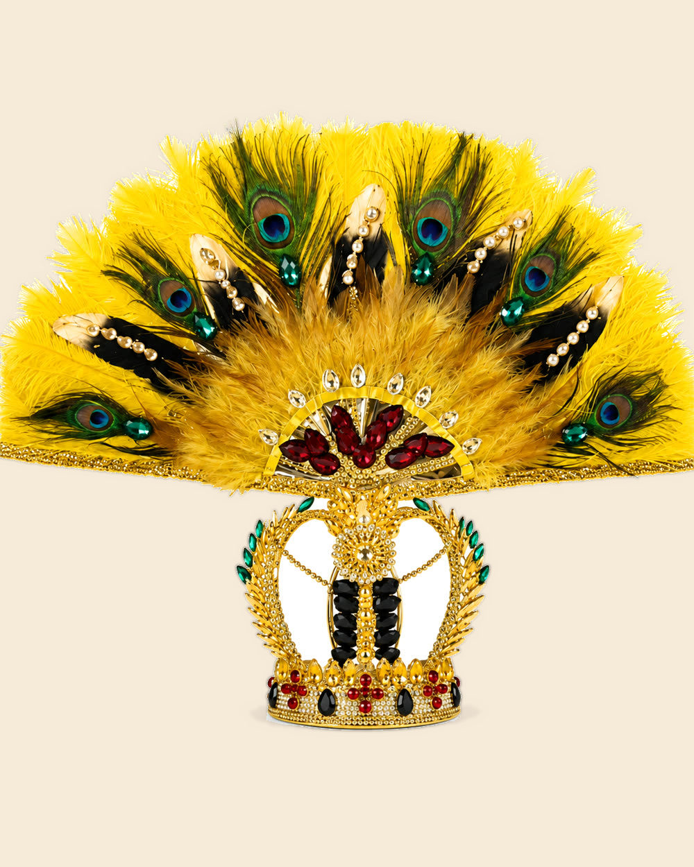 Corona de Ochún dorada con penacho de plumas amarillas y de pavo real