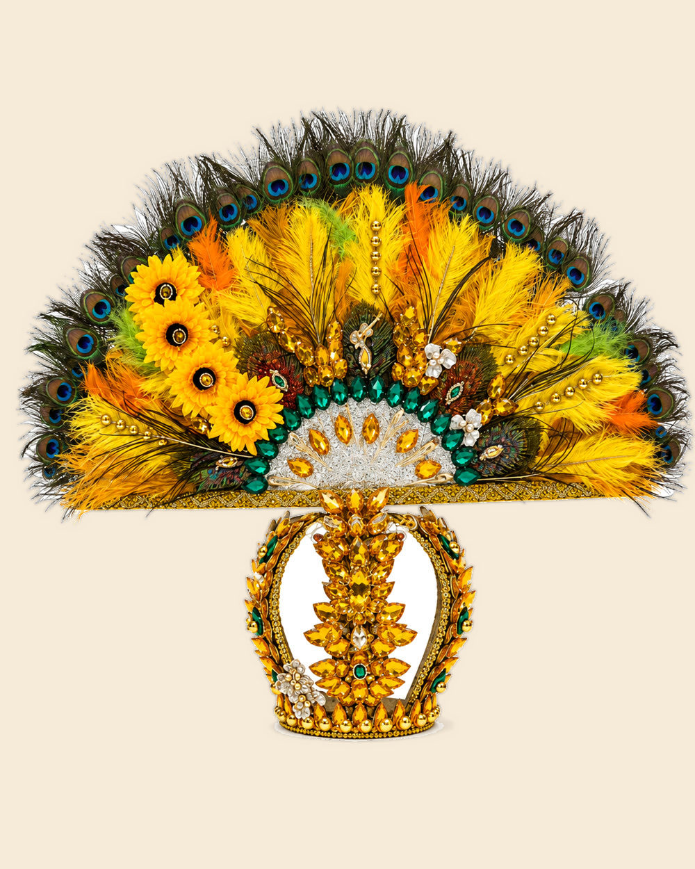 Corona de Ochún con penacho de girasoles y plumas de colores