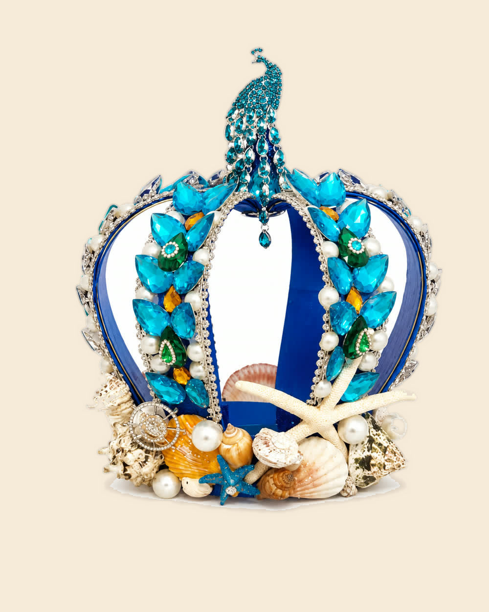 Corona de Olokun azul con pavo real, caracoles y estrellas de mar