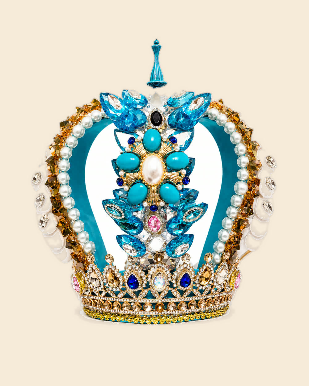 Corona de Yemayá turquesa y dorada con perlas y caracoles