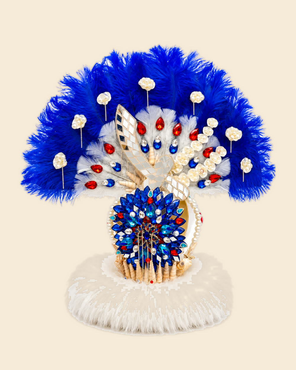 Corona de Yemayá con penacho de plumas azules y base de piel