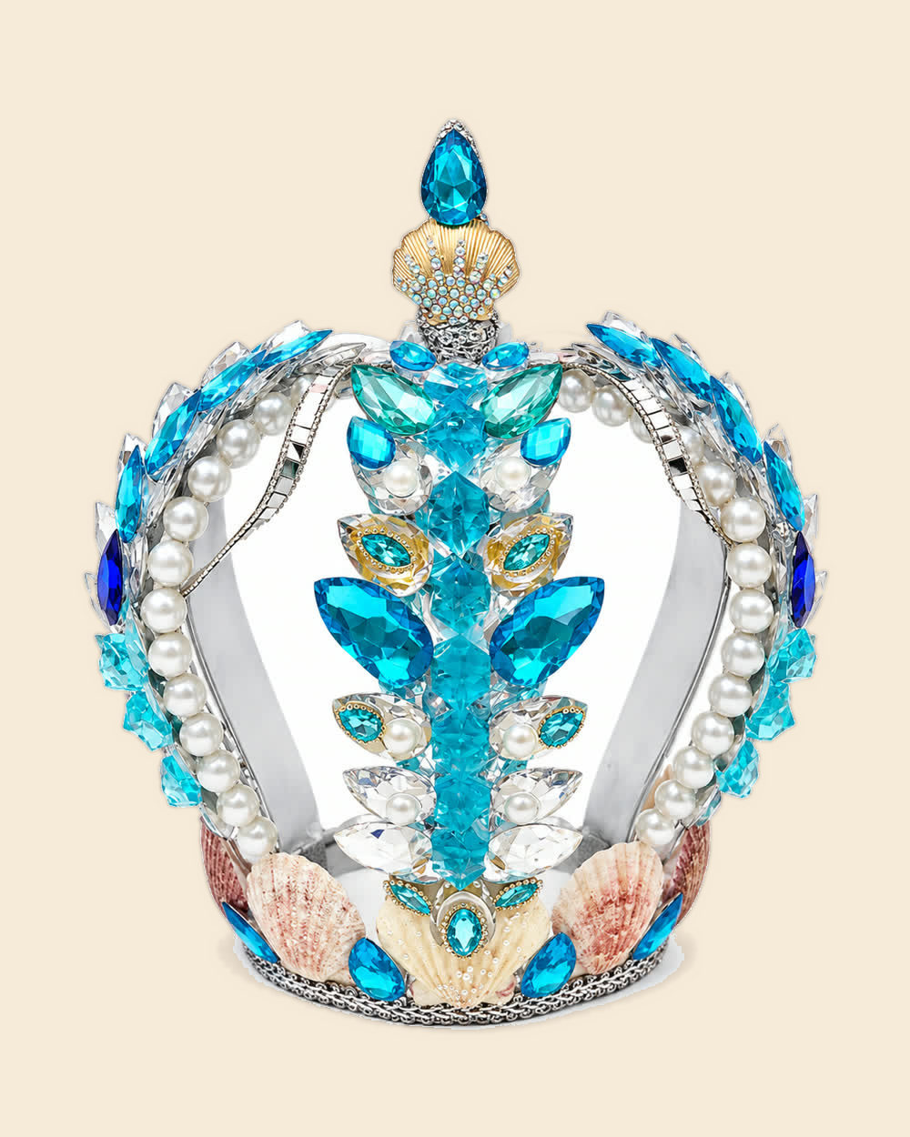 Corona de Yemayá en plata y turquesa con perlas y caracoles