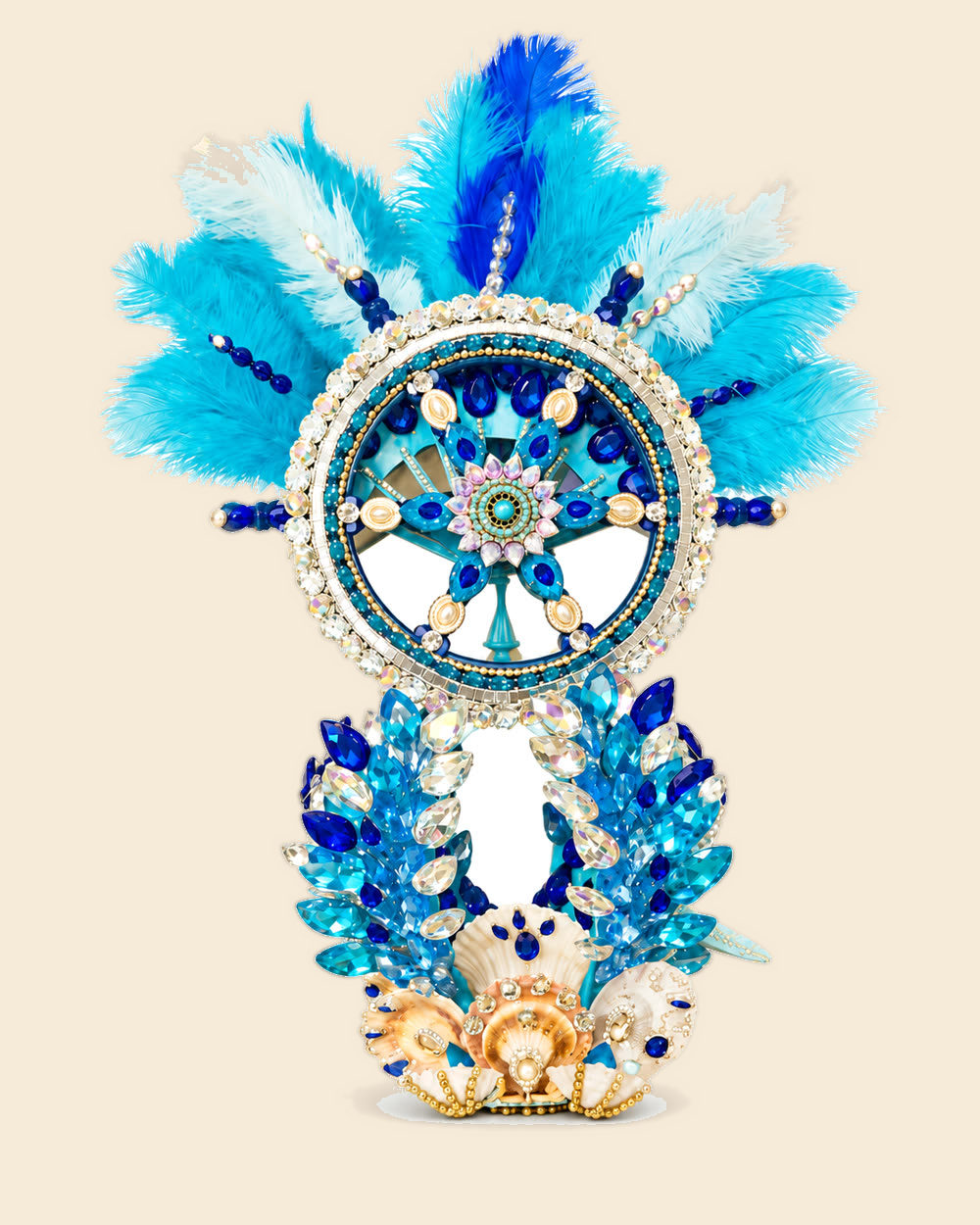 Corona de Yemayá con timón y plumas turquesa