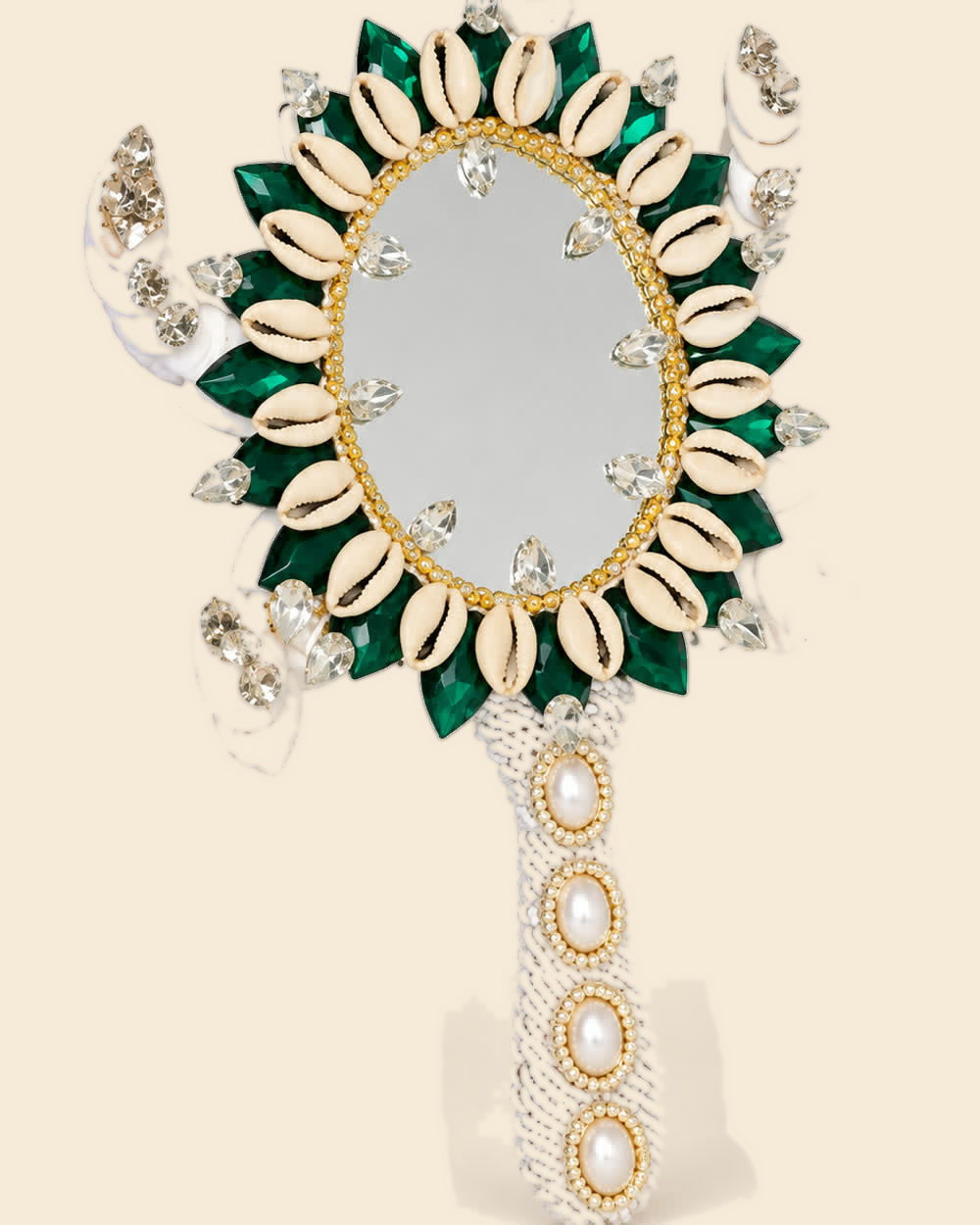 Espejo de Obatalá blanco y verde con caracoles