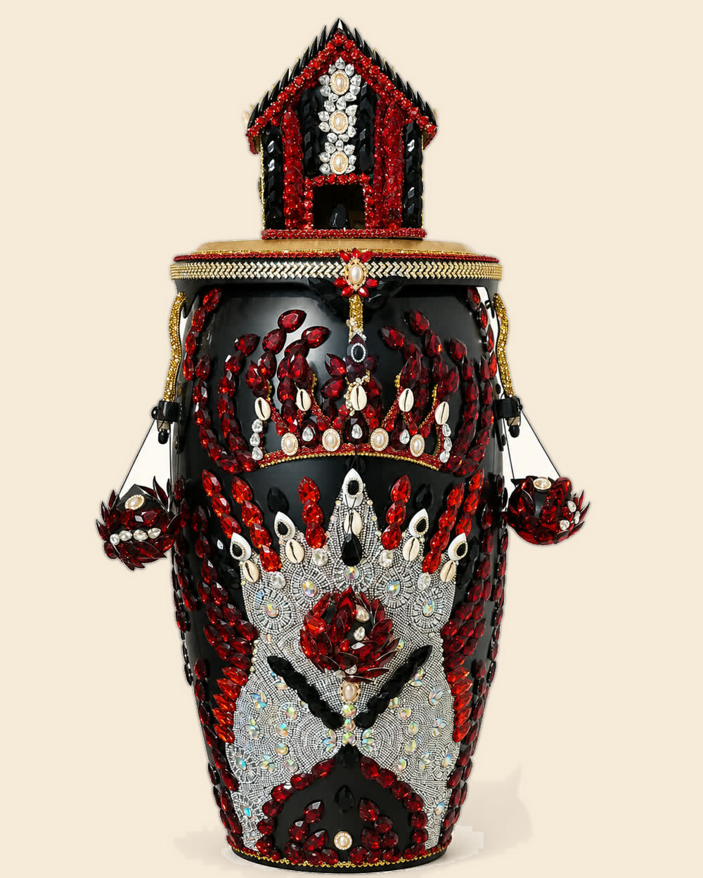 Tambor de Eleguá negro y rojo con casita coronada